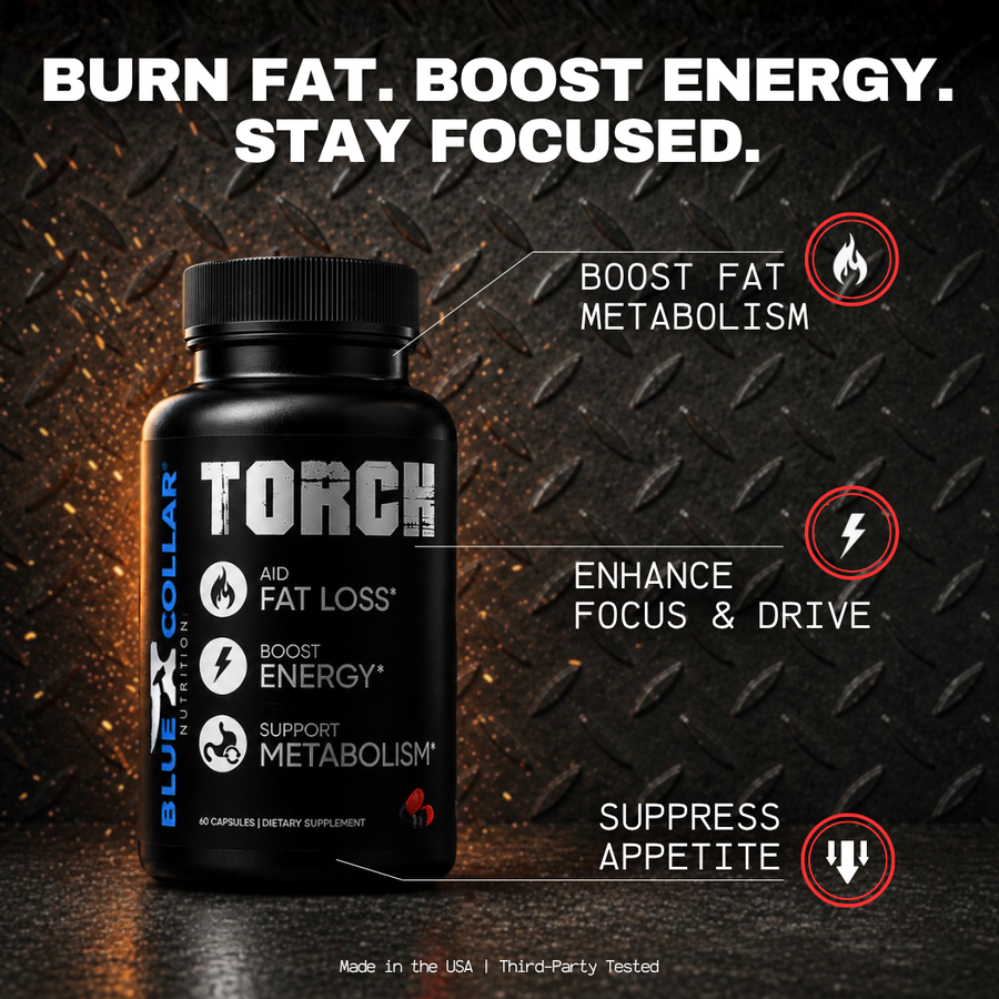 Blue Collar Nutrition Torch fat burner supplement bottle, 60 capsules, promoting fat loss, boosted energy, enhanced focus, and appetite suppression for blue collar workers.