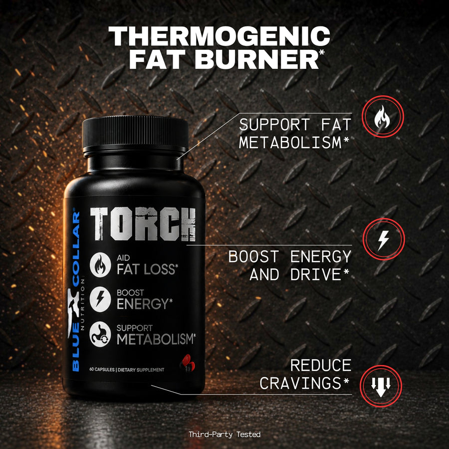 Blue Collar Nutrition Torch thermogenic fat burner supplement bottle, 60 capsules, promoting fat loss, boosted energy, and reduced cravings for blue collar workers.