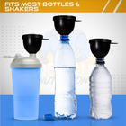 BCN Travel Funnel shown fitted on a protein shaker bottle, a water bottle, and a disposable plastic bottle — fits most bottles and shakers